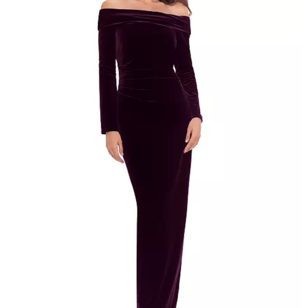 Xscape Long Sleeve Off-Shoulder Velvet Dress - Rich Purple